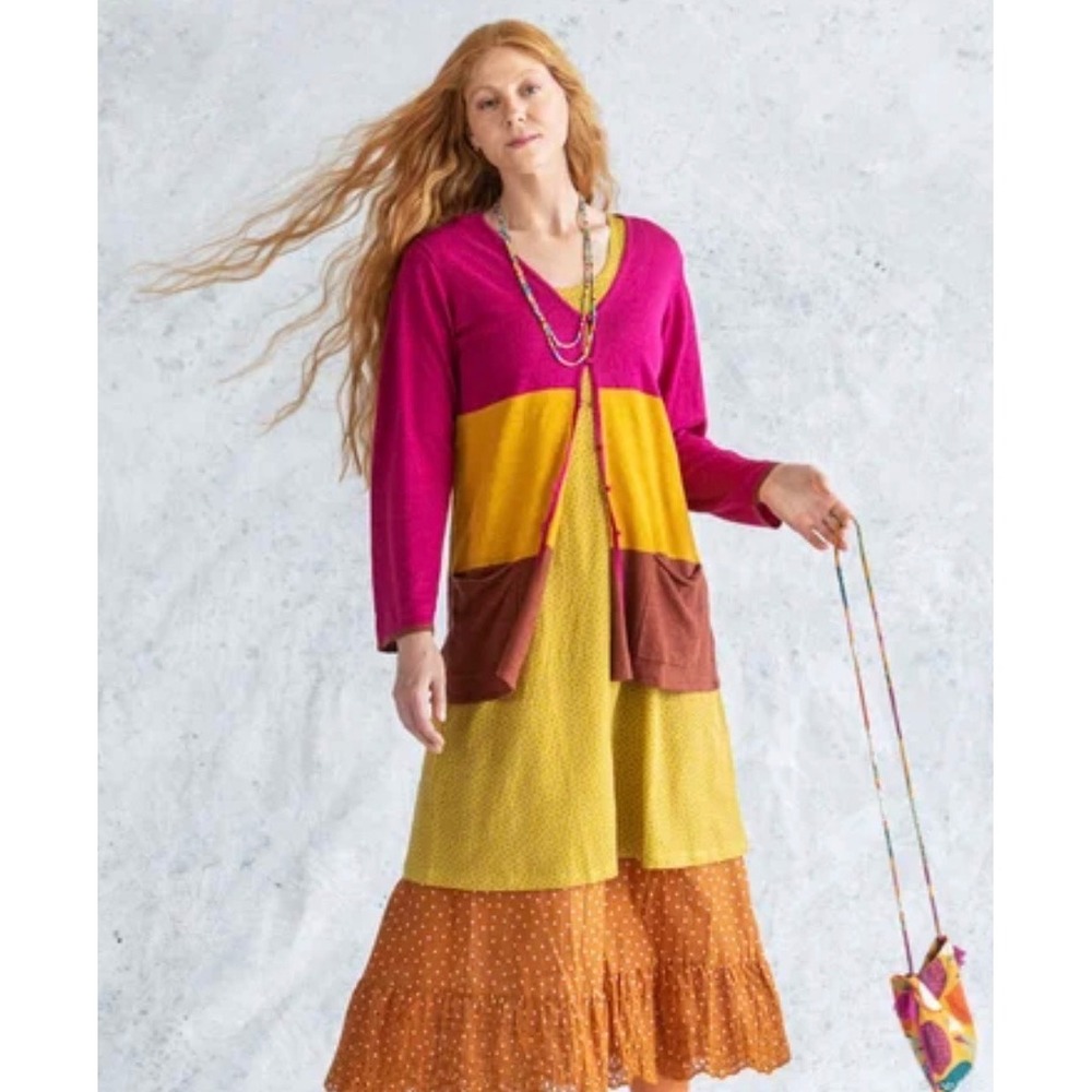 Gudrun Sjogen Linen Colorblock Sweater Sz L Lagenlook Pink Yellow Brown